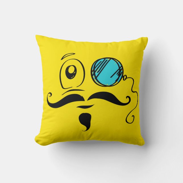 Fancy Yellow Face with Monocle and Moustache Cushion (Front)