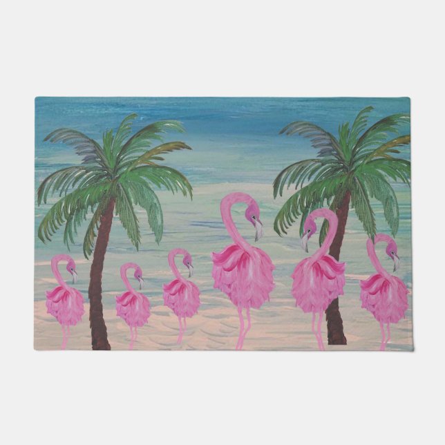 Fancyf flamingos and palm tres tropical doormat (Front)