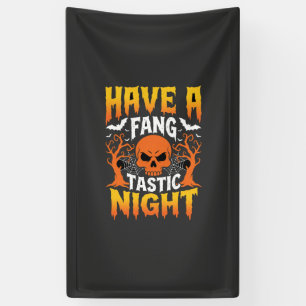 Fang-Tastic Night Halloween Skull and Bats Banner