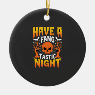 Fang-Tastic Night Halloween Skull and Bats Ceramic Ornament