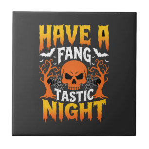 Fang-Tastic Night Halloween Skull and Bats Ceramic Tile