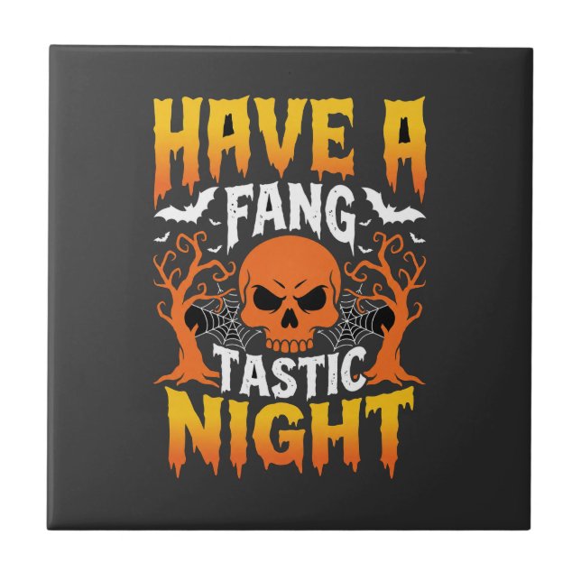 Fang-Tastic Night Halloween Skull and Bats Ceramic Tile (Front)
