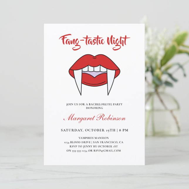 Fang-tastic Night Vampire Theme Bachelorette Party Invitation (Standing Front)