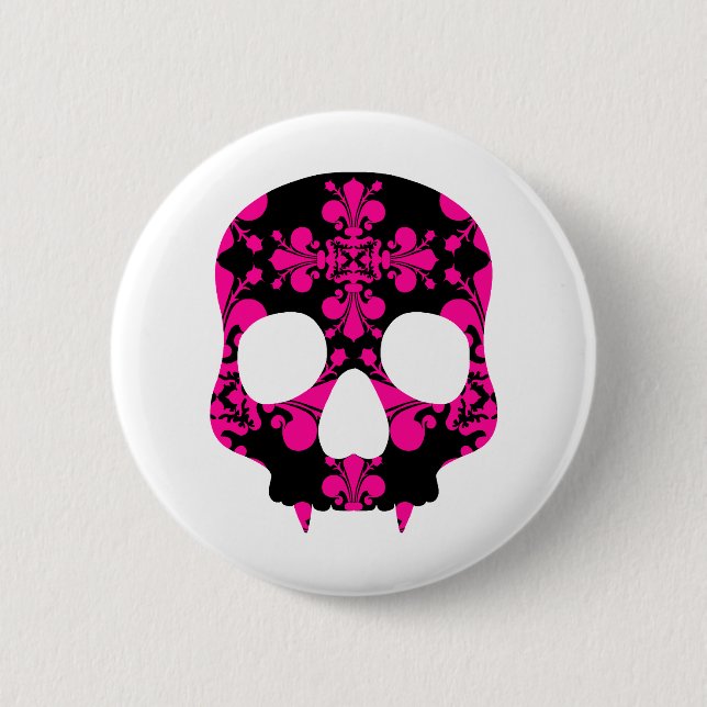 Fanged girly skull 6 cm round badge (Front)