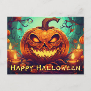 Fanged Pumpkin Candles Glow Halloween Art Holiday Postcard
