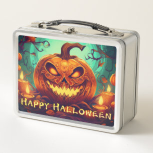 Fanged Pumpkin Candles Glow Halloween Art Metal Lunch Box