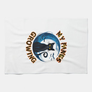 Fangs Growing Halloween Black Cat Blue Moon Bats_1 Tea Towel