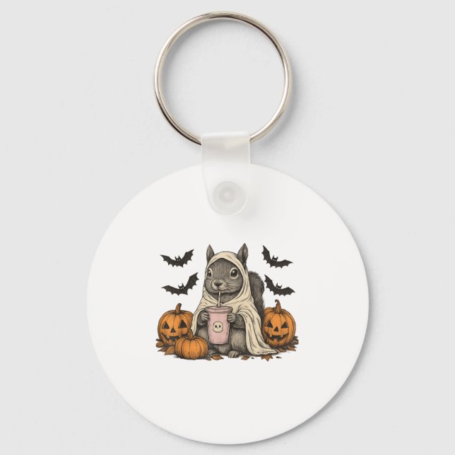 Fanny Halloween Squirrel Ghost Pumpkin  Key Ring (Front)