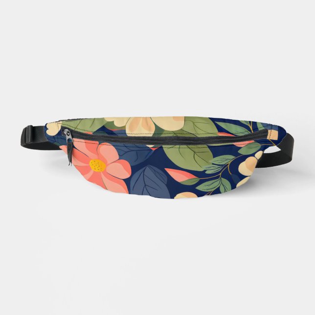 Fanny Pack Navy Peach Pink Floral Botanical (Front)
