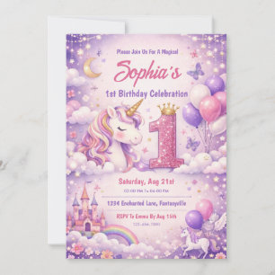 Fantacy Magical Unicorn 1st Birthday Invitation