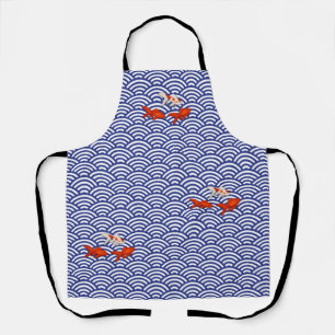 Fantail Goldfish on Ocean Wave Pattern Japanese Apron