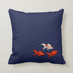 Fantail Goldfish on Seigaiha Wave Pattern Japanese Cushion