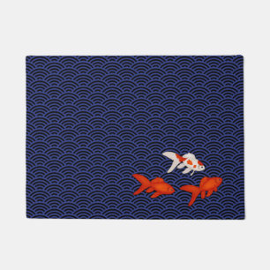 Fantail Goldfish on Seigaiha Wave Pattern Japanese Doormat