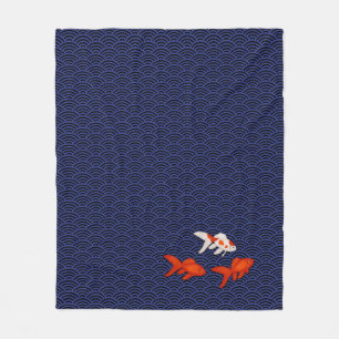 Fantail Goldfish on Seigaiha Wave Pattern Japanese Fleece Blanket