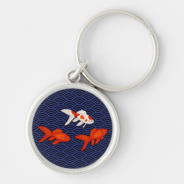 Fantail Goldfish on Seigaiha Wave Pattern Japanese Key Ring (Front)