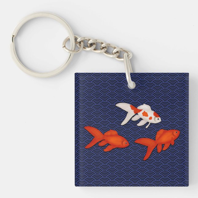 Fantail Goldfish on Seigaiha Wave Pattern Japanese Key Ring (Front)