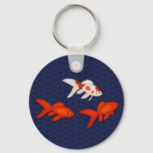 Fantail Goldfish on Seigaiha Wave Pattern Japanese Key Ring
