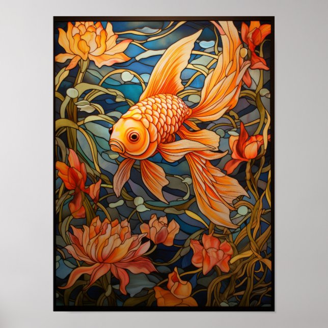 Fantail Goldfish Stained Glass Window Design Poster (Front)