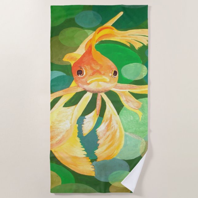 Fantail Goldfish With Green Bubbles Vector Beach Towel (Front)