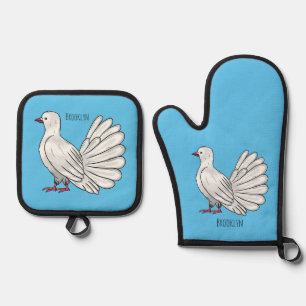 Fantail pigeon bird cartoon illustration oven mitt & pot holder set