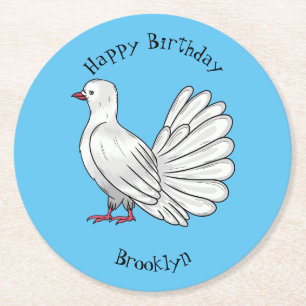 Fantail pigeon bird cartoon illustration round paper coaster