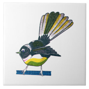 Fantail retro NZ bird print Ceramic Tile