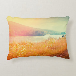 Fantastic foggy river with fresh grass in the sunl decorative cushion