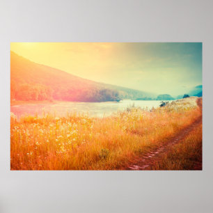 Fantastic foggy river with fresh grass in the sunl poster