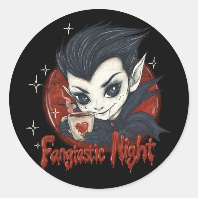Fantastic night. Cute vampire with a cup of coffee Classic Round Sticker (Front)