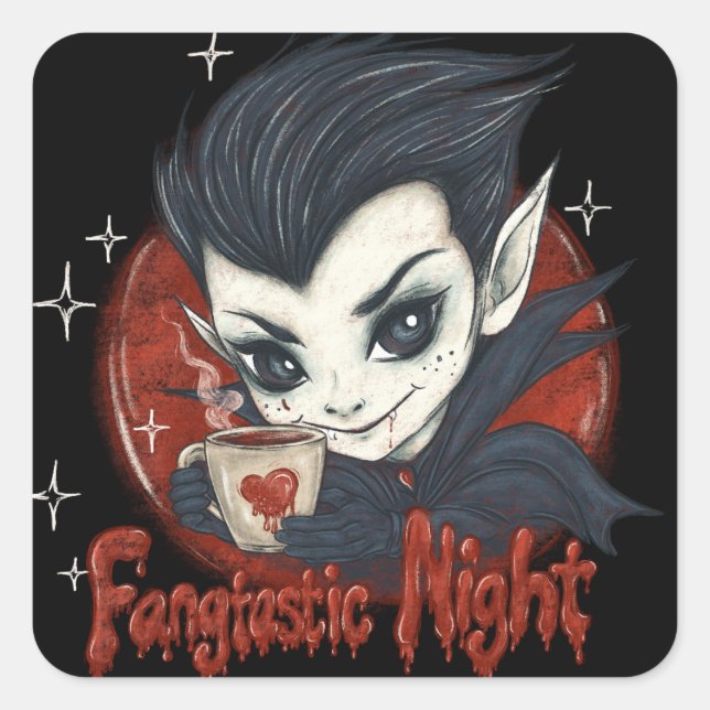 Fantastic night. Cute vampire with a cup of coffee Square Sticker (Front)
