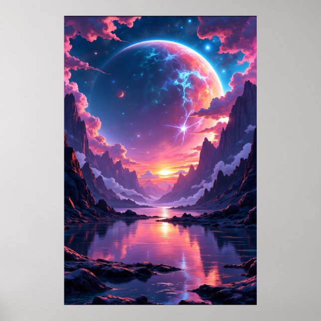 Fantastic Planet Rising over Mountains and Water  Poster (Front)