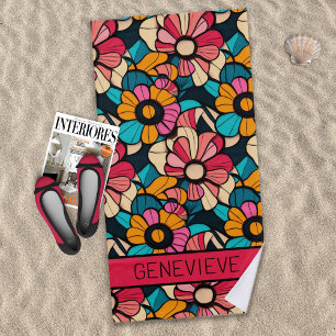 Fantastic Retro Floral Pattern in Berry & Orange Beach Towel