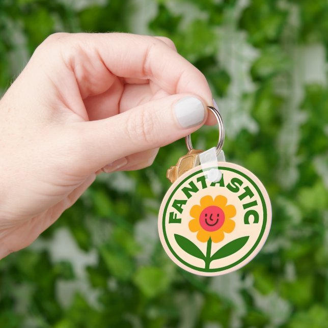 Fantastic Retro Flower Smiley Face Positivity Key Ring (Hand)