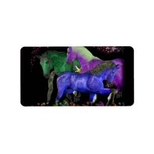 Fantastical coloured horse design, black back label