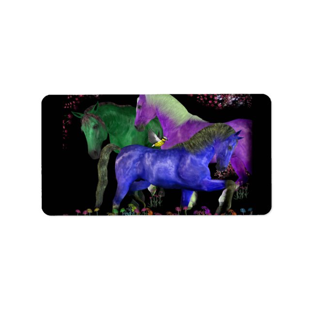 Fantastical coloured horse design, black back label (Front)