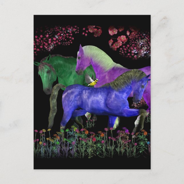 Fantastical coloured horse design, black back postcard (Front)