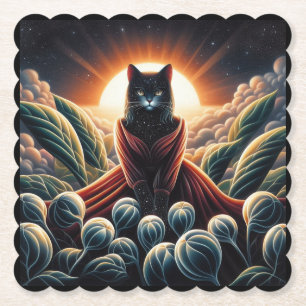Fantastical Digital Art: Night Sky Cat Surrounded  Paper Coaster