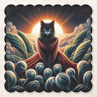 Fantastical Digital Art: Night Sky Cat Surrounded Paper Coaster