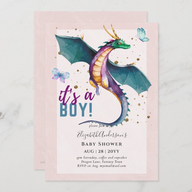 Fantastical DRAGON Themed Baby Boy Shower Reveal Invitation (Front/Back)