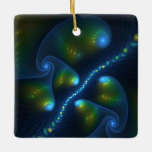 Fantasy Abstract Blue Green Yellow Fractal Art Ceramic Ornament