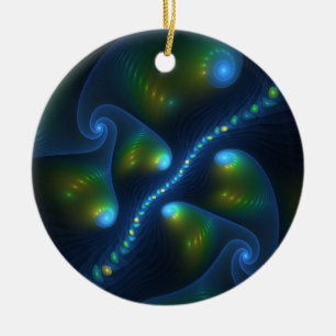 Fantasy Abstract Blue Green Yellow Fractal Art Ceramic Ornament