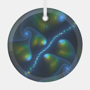 Fantasy Abstract Blue Green Yellow Fractal Art Glass Tree Decoration