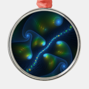 Fantasy Abstract Blue Green Yellow Fractal Art Metal Ornament