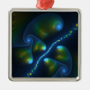 Fantasy Abstract Blue Green Yellow Fractal Art Metal Ornament