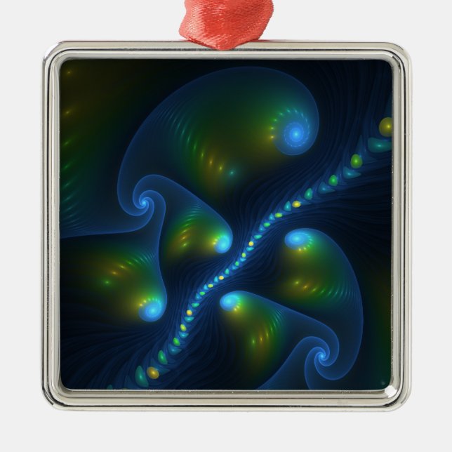 Fantasy Abstract Blue Green Yellow Fractal Art Metal Ornament (Front)