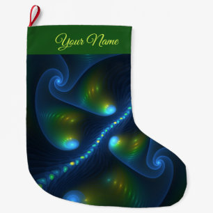 Fantasy Abstract Blue Green Yellow Fractal Name Large Christmas Stocking