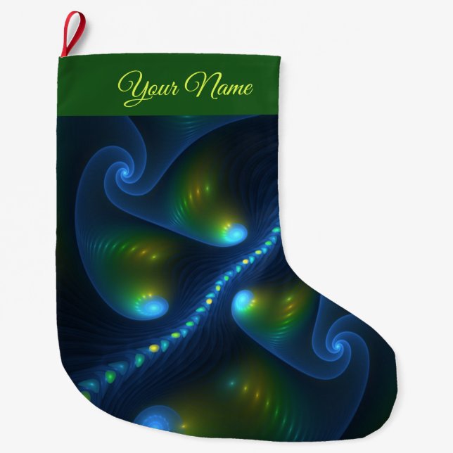 Fantasy Abstract Blue Green Yellow Fractal Name Large Christmas Stocking (Front)