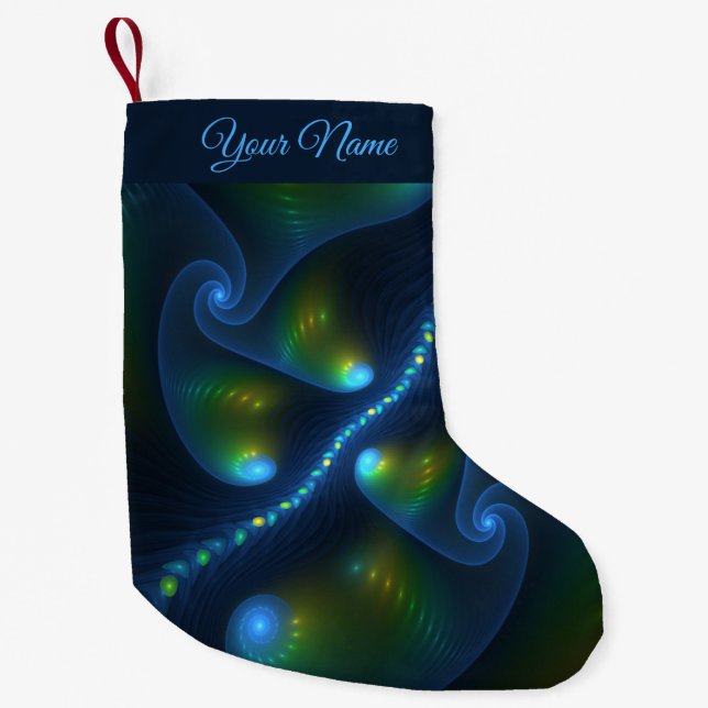 Fantasy Abstract Blue Green Yellow Fractal Name Small Christmas Stocking (Front)