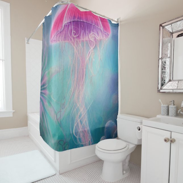 Fantasy Abstract Pink Jellyfish In The Ocean   Shower Curtain (In Situ)
