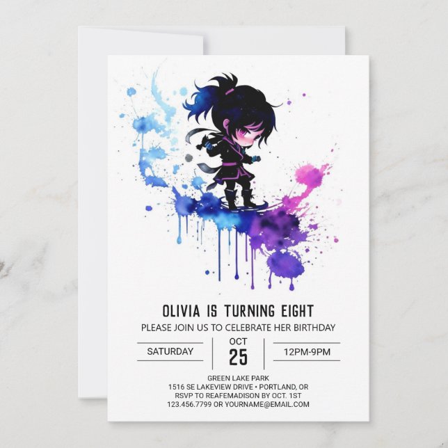 Fantasy Adorable Ninja Digital Girl Birthday Invitation (Front)